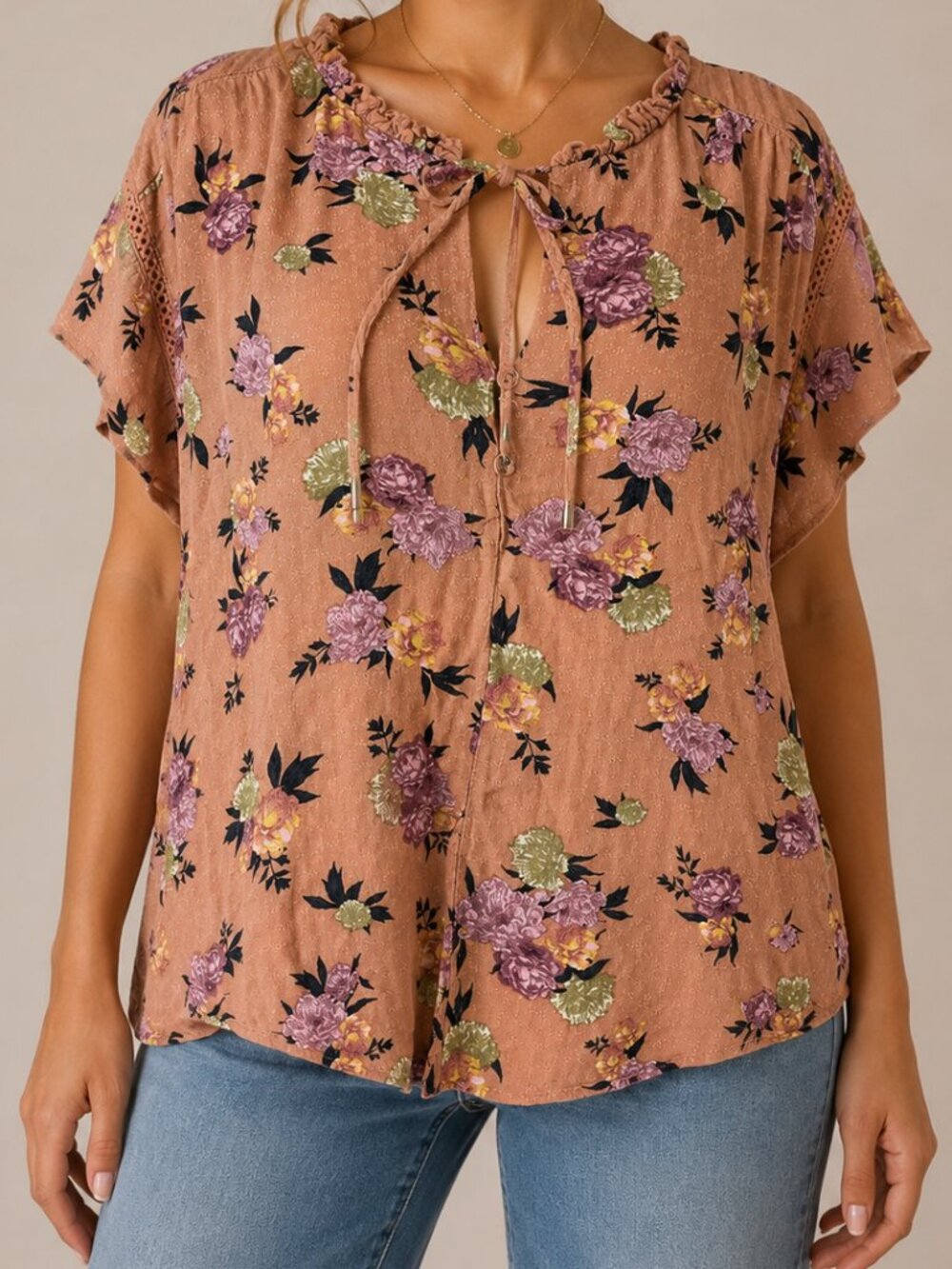 Buffalo David Bitton Floral Ruffle Blouse Peach Multicolor XL